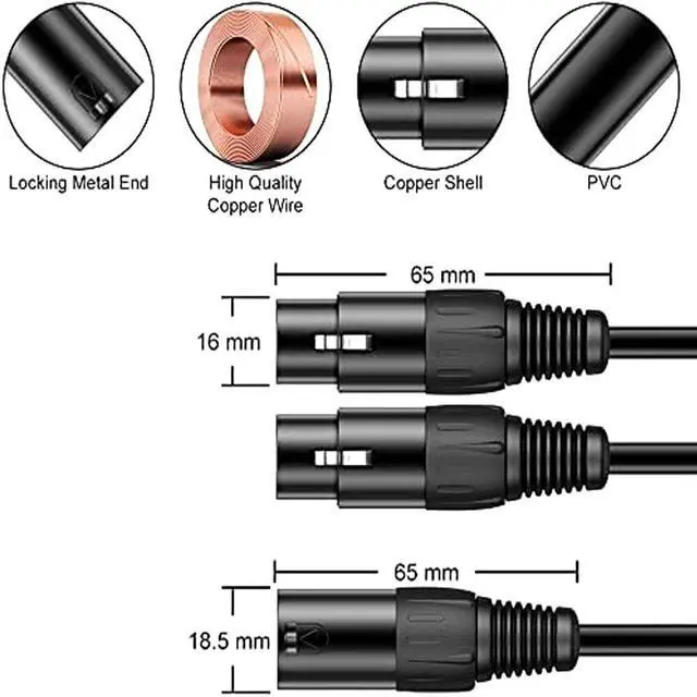 Alt view image 5 of 7 - XLR Male to Dual XLR Female Y-Splitter Cable 1-to-2 Balanced Audio Splitter, 99.99% OFC, Metal Connectors, for Microphone, Mixer, Amplifier & PA System