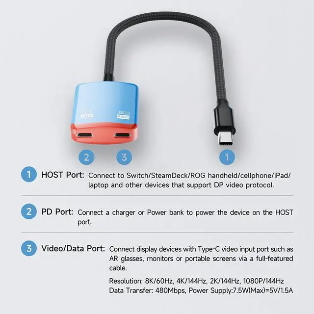 Alt view image 2 of 5 - AR Glasses Hub USB-C to USB-C Adapter with PD Charging, 8K@60Hz Video, for AR Glasses, Portable Monitor, Steam Deck, Switch, iPad & Phone