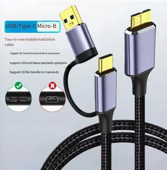 Alt view image 3 of 4 - USB-C to USB 3.0 Micro-B Cable 2-in-1, 5Gbps, for External HDD, SSD, Portable Drive & Smartphone
