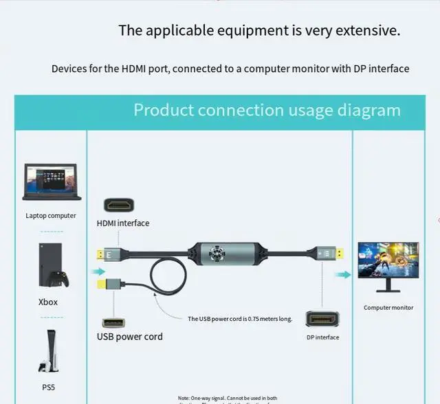 Alt view image 3 of 4 - HDMI to DisplayPort Active Adapter Cable 8K@60Hz, 4K@144Hz, 2K@240Hz, USB Powered, for Gaming Monitor & PC