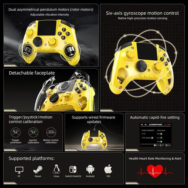 Alt view image 4 of 7 - RG G01 Smart Game Controller 2.5D Smart Screen, Heart Rate Monitor, 6-Axis Gyro, Multi-Platform Support - yellow