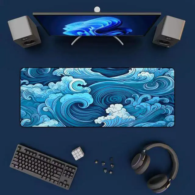 Alt view image 2 of 3 - Aesthetic Desk Mat Art Great Waves XXL Gaming Mouse Pad Blue 400x900mm, Non-Slip Rubber Base, Stitched Edges for Office & Gaming Use