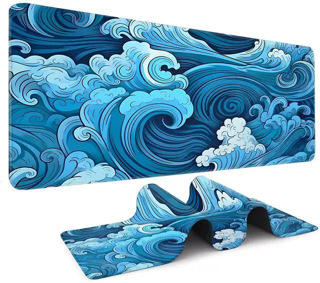 Main image of Aesthetic Desk Mat Art Great Waves XXL Gaming Mouse Pad Blue 400x900mm, Non-Slip Rubber Base, Stitched Edges for Office & Gaming Use