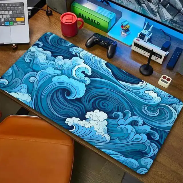 Alt view image 3 of 3 - Aesthetic Desk Mat Art Great Waves XXL Gaming Mouse Pad Blue 400x900mm, Non-Slip Rubber Base, Stitched Edges for Office & Gaming Use