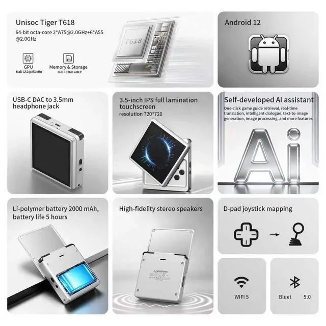 Alt view image 4 of 7 - RG Rotate Handheld Game Console 3.5" 720×720 Swivel Touchscreen, 3GB+32GB, Android 12, T618, 2000mAh, WiFi/BT Silver
