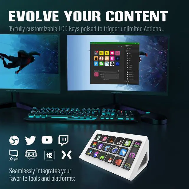 Alt view image 4 of 7 - HSV293S Visual Custom Keyboard / Stream Deck 15 Macro LCD Keys, Side Display, Programmable, for Streaming/Editing/Productivity - white
