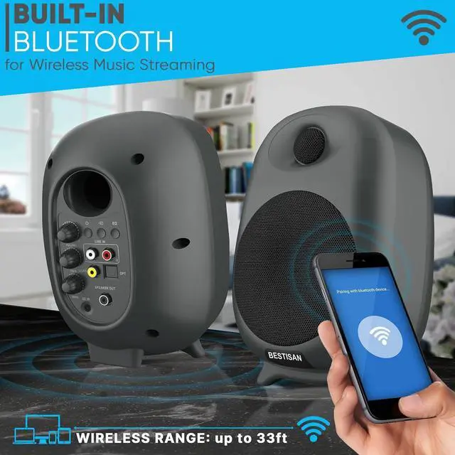 Alt view image 2 of 7 - SR08 Active Bluetooth Bookshelf Speakers HiFi 2.0 Stereo Sound, Deep Bass Response, Wireless Audiophile Speakers for Home/Desktop Use
