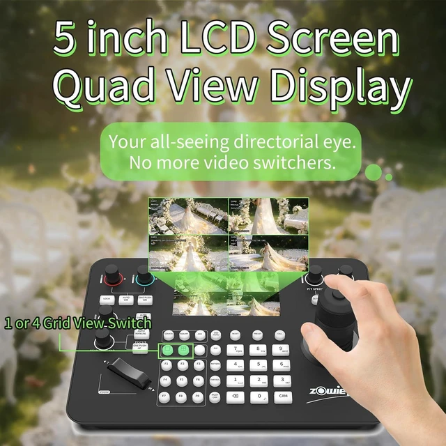 Alt view image 4 of 7 - PTZ Controller 7D Joystick, 5" LCD Quad-View, NDI Activation, 4K HDMI Output, Auto Camera Discovery, 255 Presets, for Broadcast/Studio