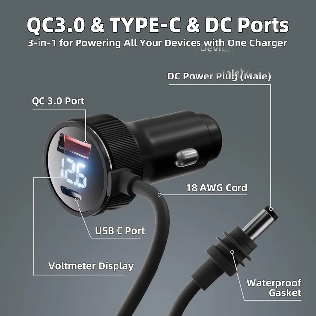 Alt view image 5 of 7 - Mini Device Digital Display 3-in-1 Car Cigarette Lighter Power Cable DC Output, 3M, for Car/RV/Boat Power Supply