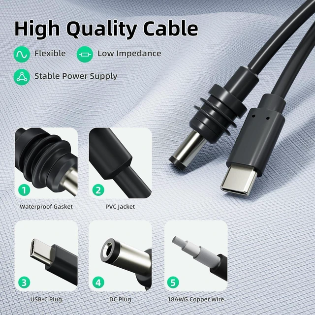Alt view image 4 of 7 - Mini DC to Type-C Waterproof Power Cable PD 100W, 1M Charging Cord for Starlink Mini