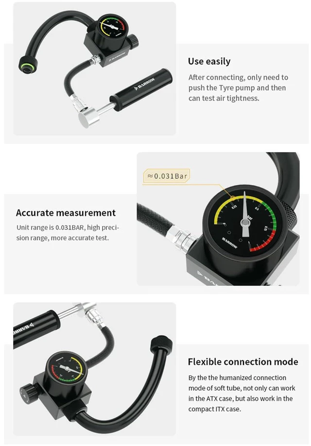 Alt view image 4 of 7 - Barrow Manual Air Pressure Leak Tester for PC Water Cooling System, Portable Loop Seal Tester, Fast Airtightness Detection Tool for Water-Cooled Computers
