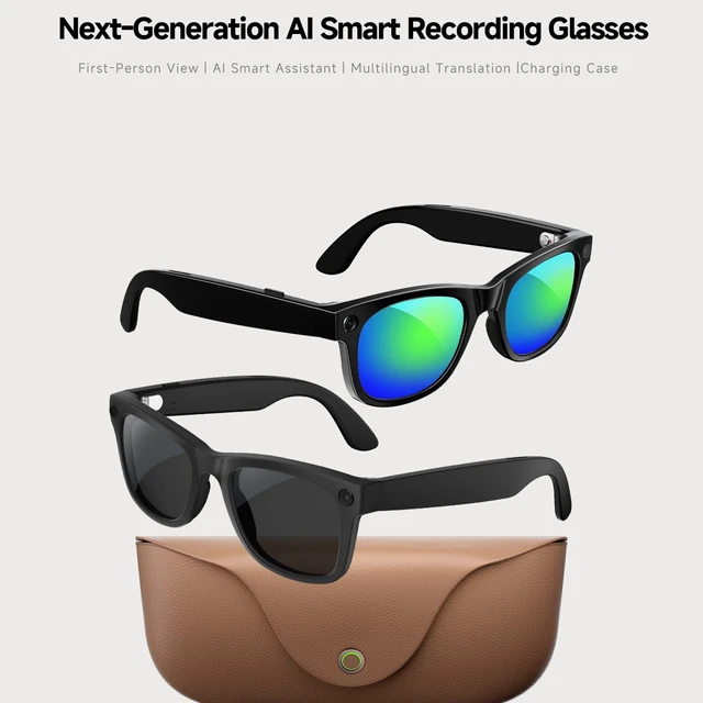 Alt view image 5 of 7 - MT5 Smart Glasses Dual-Mic Noise Cancellation, 8MP AI Camera Sunglasses with Charging Case, Anti-Blue Light + Sunglasses Lenses, Orange Charging Case