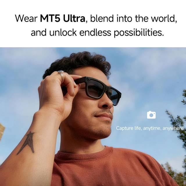 Alt view image 4 of 7 - MT5 Smart Glasses Dual-Mic Noise Cancellation, 8MP AI Camera Sunglasses with Charging Case, Anti-Blue Light + Sunglasses Lenses, Orange Charging Case