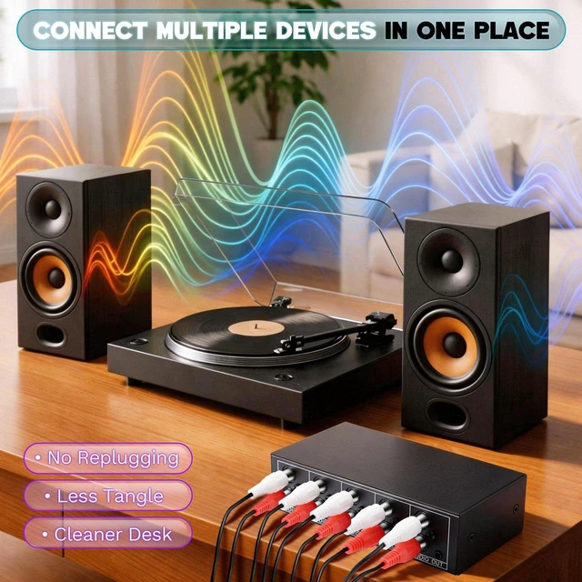 Alt view image 2 of 7 - 3.5mm Aux + RCA L/R Audio Switch Box, RCA Switch with 5 FT Cable, 4 in 1 Out Bidirectional Stereo Audio Switcher Selector, Passive A/B Analog Selector for DVD Player CD Player, No Power Need