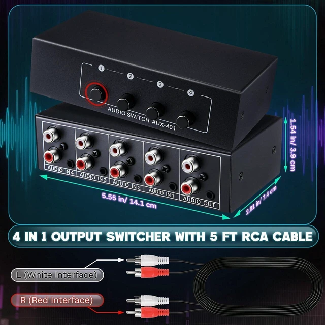 Alt view image 7 of 7 - 3.5mm Aux + RCA L/R Audio Switch Box, RCA Switch with 5 FT Cable, 4 in 1 Out Bidirectional Stereo Audio Switcher Selector, Passive A/B Analog Selector for DVD Player CD Player, No Power Need