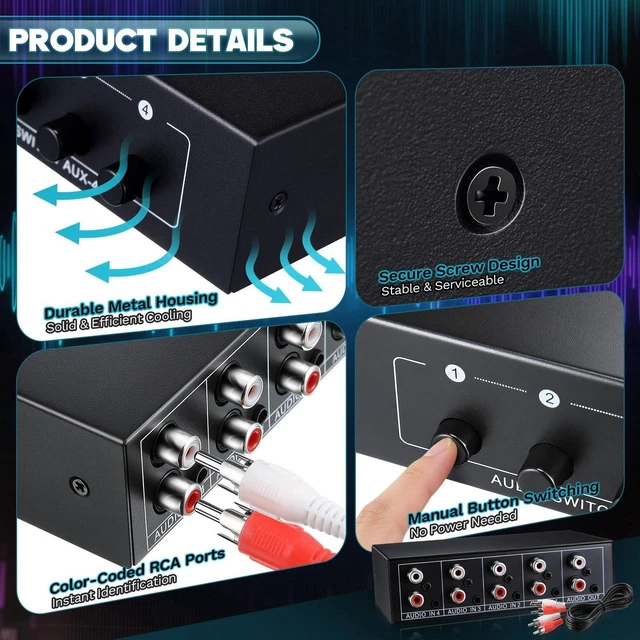 Alt view image 4 of 7 - 3.5mm Aux + RCA L/R Audio Switch Box, RCA Switch with 5 FT Cable, 4 in 1 Out Bidirectional Stereo Audio Switcher Selector, Passive A/B Analog Selector for DVD Player CD Player, No Power Need