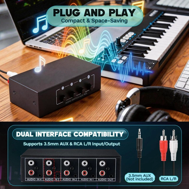 Alt view image 3 of 7 - 3.5mm Aux + RCA L/R Audio Switch Box, RCA Switch with 5 FT Cable, 4 in 1 Out Bidirectional Stereo Audio Switcher Selector, Passive A/B Analog Selector for DVD Player CD Player, No Power Need