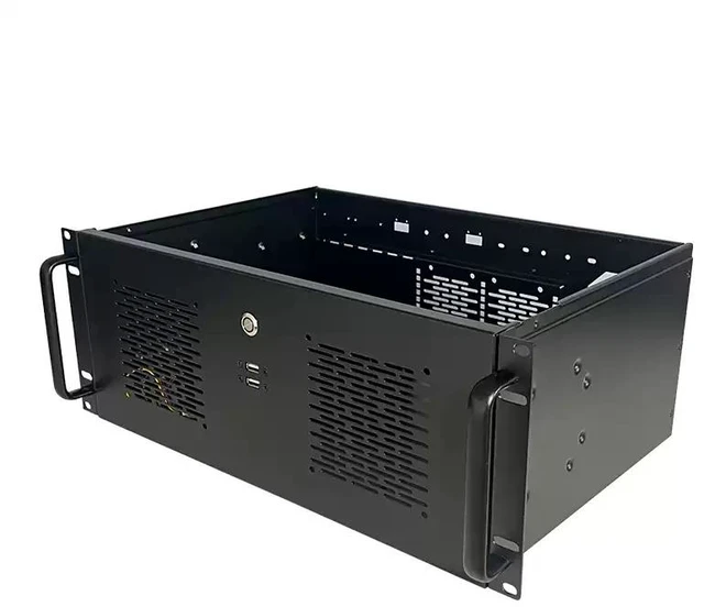 Alt view image 2 of 7 - 4U Short 300mm Depth Industrial Chassis (Chassis Only) 19" Rackmount, Black, Supports 12×9.6" (305×245mm) ATX Motherboard, 7 Slots, ATX PSU, for Laser/Server/Industrial Control