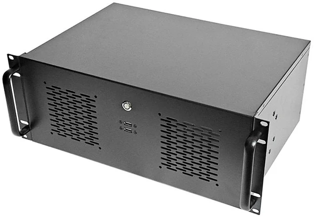 Main image of 4U Short 300mm Depth Industrial Chassis (Chassis Only) 19" Rackmount, Black, Supports 12×9.6" (305×245mm) ATX Motherboard, 7 Slots, ATX PSU, for Laser/Server/Industrial Control