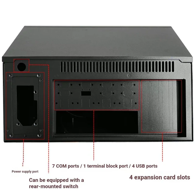 Alt view image 5 of 7 - Wall-Mount Industrial Chassis (Chassis Only) Supports 24×24cm M-ATX, 4 Slots, Multi-COM Cutouts, Wall/Desktop, Black/Industrial Grey