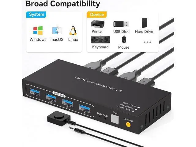 Alt view image 6 of 7 - USB 3.0 KVM Switch DisplayPort 1.4 for 2 Computers with 8K@60Hz / 4K@120Hz / 4K@144Hz Display Port Video & 4x 5Gbps USB Ports, FreeSync, G-SYNC and HDR Support - Wired Controller
