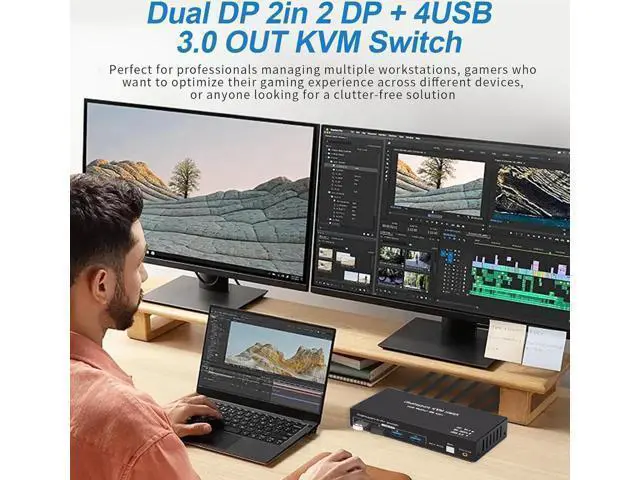 Alt view image 4 of 7 - USB 3.0 Displayport KVM Switch 2 Monitors 2 Computers 8K@60Hz 4K@144Hz, Dual Monitor Displayport 1.4 KVM Switches with 4 USB 3.0 Ports, 2 in 2 Out DP USB 3.0 KVM Switch for 2 PCs 2 Monitors
