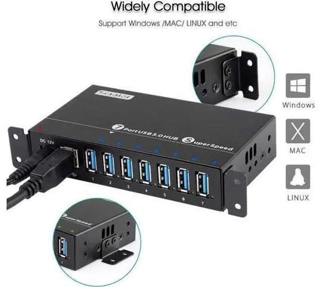 Alt view image 6 of 6 - USB 3.0 Splitter, Aluminum 7 Ports Super Speed USB3.0 Data hub, Aluminum USB 3.0 Hub with 12V 3A 36Watt Powered, Mounting Bracket, LEDs, Balck