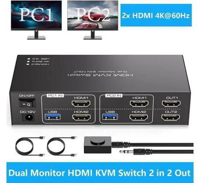 Main image of Dual Monitor HDMI KVM Switch, 2 Port HDMI 4K@60Hz KVM Switcher for 2 Computers 2 Monitors with 4 USB 3.0 Ports Support Copy and Extended Display and Desktop Control Including 2 USB 3.0 Cable