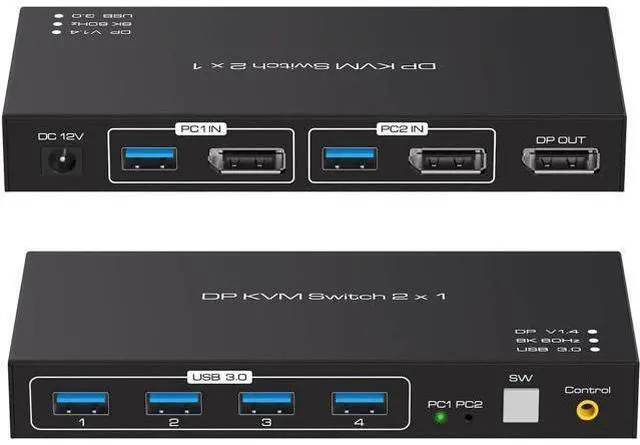 Main image of 2 Port DisplayPort 2x1 DP KVM Switcher Switch DP 1.4 8K@60Hz Supports 4 Ports USB 3.0 Devices Control up to 2 DP Port Device with Wired Controller