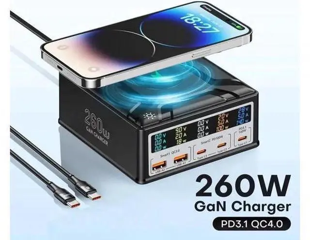 Main image of 260W 5 Port GaN USB C Charging Station Hub Block Charger Power Strip Adapter Plug Cube, 3C2A (A1/A2 QC3.0 18W + C1/C2 100W + C3 140W) + 15W Wireless Charging for Cell Phone, Tablet