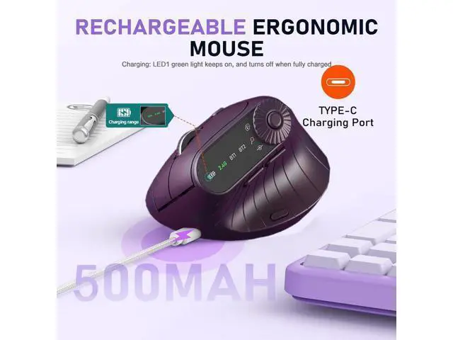 Alt view image 7 of 7 - Dan Dan Ergonomic Vertical Wireless Mouse with 57° Natural Handshake Posture, Rechargeable, 2.4G & Bluetooth 5.2 Connectivity, Multi-Device Support, Adjustable DPI, 500mAh Battery (C)