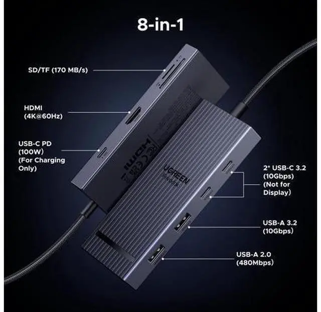 Alt view image 2 of 7 - UGREEN Revodok Pro USB C Hub for Laptop 8 in 1 MacBook Docking Station 4K 60Hz HDMI, 100W PD Charging, USB-C & USB-A 10Gbps Data Ports, SD/TF Card Reader for MacBook Pro/Air, iPad Pro, XPS, Thinkpad