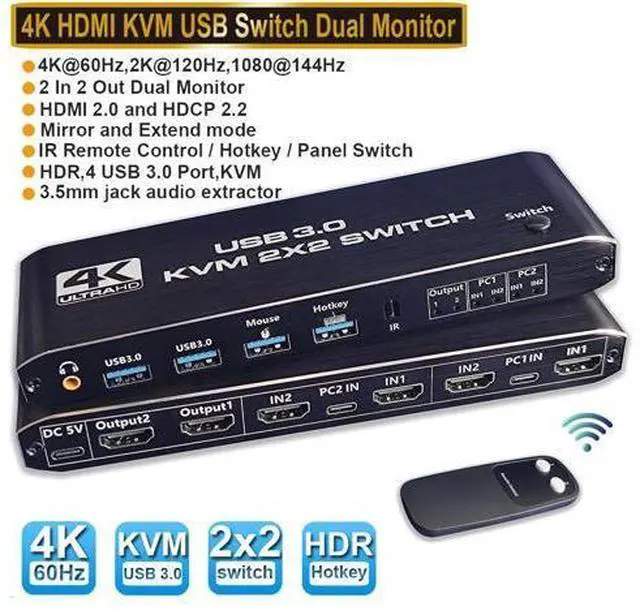 Main image of Dual Monitor HDMI KVM Switch 2 PCs 2 Monitors, 4K @60Hz HDMI KVM Switch 2 Port Extended Display, HDMI KVM Switch 2 in 2 Out with 3.5mm Audio, Support 4 USB 3.0 Share Keyboard Mouse Printer with Hotkey