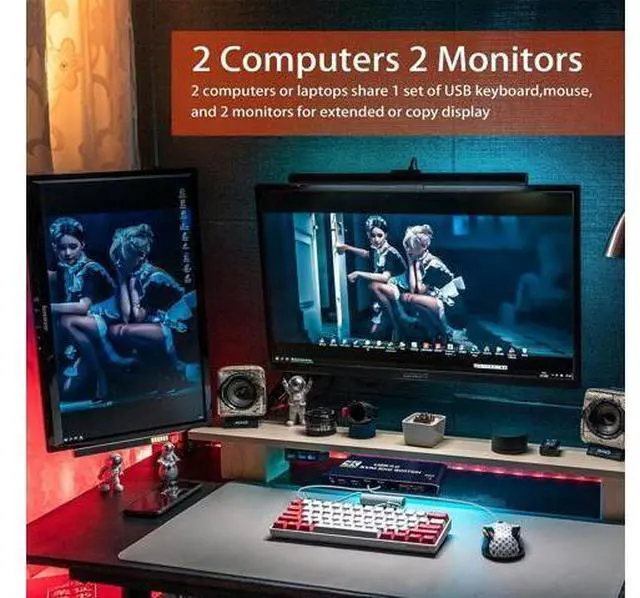 Alt view image 2 of 7 - Dual Monitor HDMI KVM Switch 2 PCs 2 Monitors, 4K @60Hz HDMI KVM Switch 2 Port Extended Display, HDMI KVM Switch 2 in 2 Out with 3.5mm Audio, Support 4 USB 3.0 Share Keyboard Mouse Printer with Hotkey