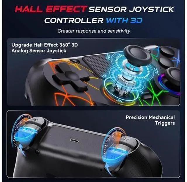Alt view image 3 of 7 - GamingBoy 2 Pack Wireless Controller for PS4, Light-up RGB Remote Control for Ps4/PC with Hall Effect Joystick/1000mAh Battery/Type-C/Dual Vibration/6-Axis Gyro/Audio Jack/Touch PadWhite Black