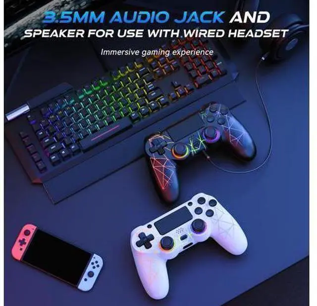 Alt view image 7 of 7 - GamingBoy 2 Pack Wireless Controller for PS4, Light-up RGB Remote Control for Ps4/PC with Hall Effect Joystick/1000mAh Battery/Type-C/Dual Vibration/6-Axis Gyro/Audio Jack/Touch PadWhite Black