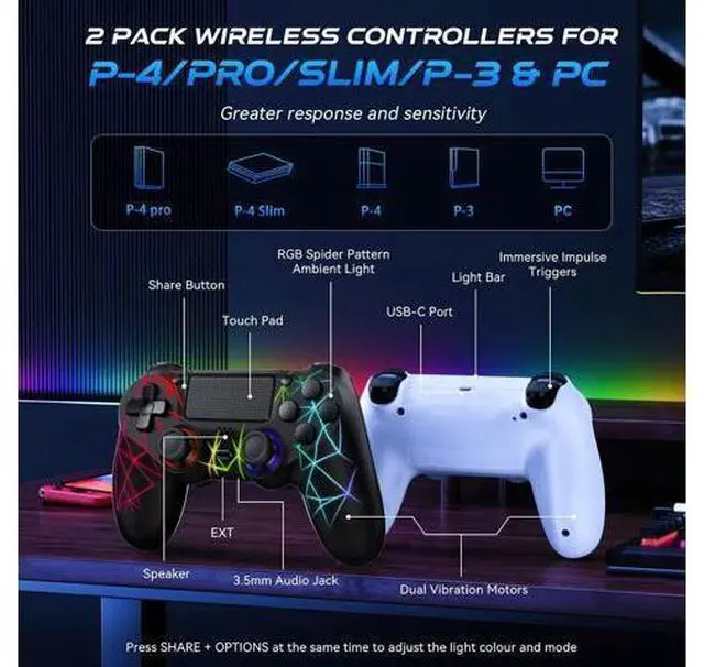 Alt view image 5 of 7 - GamingBoy 2 Pack Wireless Controller for PS4, Light-up RGB Remote Control for Ps4/PC with Hall Effect Joystick/1000mAh Battery/Type-C/Dual Vibration/6-Axis Gyro/Audio Jack/Touch PadWhite Black