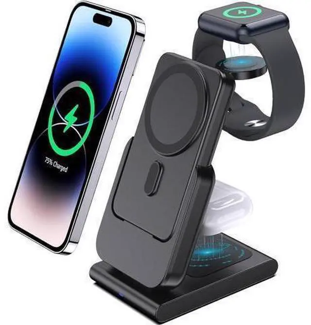 Main image of Wireless Charging Station for Apple Magsafe Charger, 3 in 1 Travel Magsafe Charger Stand for iPhone 14 Pro Max, Air Pods, iWatch, Portable 5000mAh Power Bank Battery Pack, Travel Charger Essentials