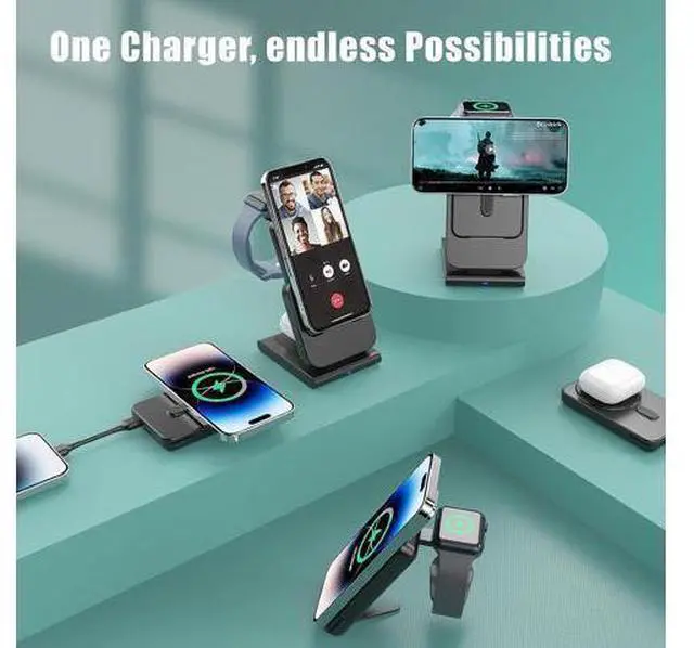Alt view image 3 of 7 - Wireless Charging Station for Apple Magsafe Charger, 3 in 1 Travel Magsafe Charger Stand for iPhone 14 Pro Max, Air Pods, iWatch, Portable 5000mAh Power Bank Battery Pack, Travel Charger Essentials