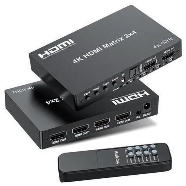 Main image of 4K 2x4 HDMI Matrix Switch, 2 in 4 Out Matrix HDMI 2.0 Video Switcher Splitter, Optical & 3.5mm Audio Output, Support 4K 60Hz HDR HDCP2.2, 18Gbps, with IR Remote Control for NS PS5 Fire Stick etc
