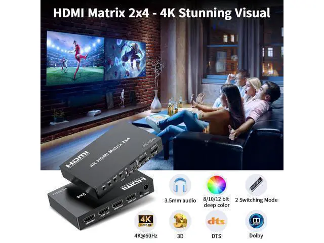 Alt view image 2 of 7 - 4K 2x4 HDMI Matrix Switch, 2 in 4 Out Matrix HDMI 2.0 Video Switcher Splitter, Optical & 3.5mm Audio Output, Support 4K 60Hz HDR HDCP2.2, 18Gbps, with IR Remote Control for NS PS5 Fire Stick etc