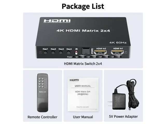 Alt view image 7 of 7 - 4K 2x4 HDMI Matrix Switch, 2 in 4 Out Matrix HDMI 2.0 Video Switcher Splitter, Optical & 3.5mm Audio Output, Support 4K 60Hz HDR HDCP2.2, 18Gbps, with IR Remote Control for NS PS5 Fire Stick etc