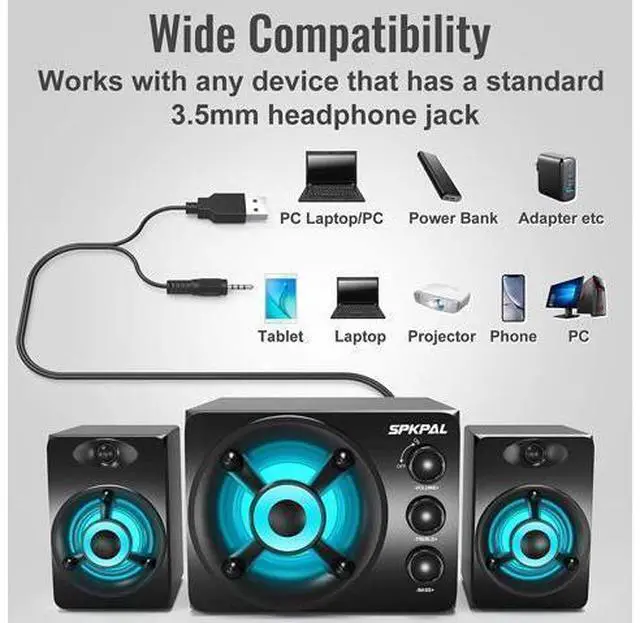 Alt view image 6 of 7 - Computer Speaker with Subwoofer USB-Powered 2.1 Multimedia Speakers System,3.5mm Aux Input with LED Atmosphere Light Stereo Wired Desktop Speaker for Gaming PC,Laptops,Tablets