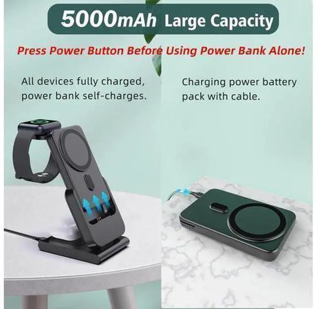 Alt view image 5 of 7 - Wireless Charging Station for Apple Magsafe Charger, 3 in 1 Travel Magsafe Charger Stand for iPhone 14 Pro Max, Air Pods, iWatch, Portable 5000mAh Power Bank Battery Pack, Travel Charger Essentials