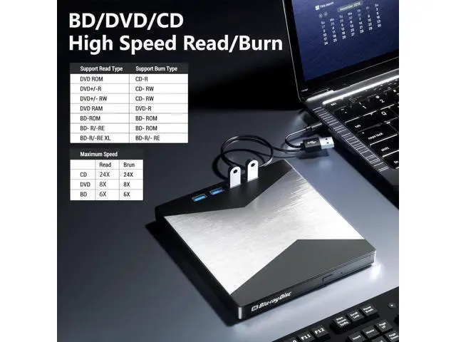 Alt view image 3 of 7 - 7-in-1 External Blu Ray Drive, 4K Portable Blu Ray Burner USB 3.0 Type-C BD Player with SD/TF Port, CD/DVD Burner R/W 3D BluRay Drive, External 4K Blu Ray Drive Compatible with Windows MacOS Laptop PC