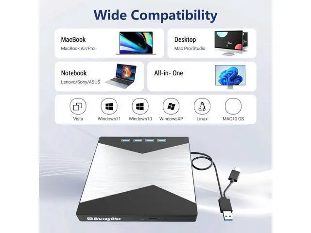 Alt view image 5 of 7 - 7-in-1 External Blu Ray Drive, 4K Portable Blu Ray Burner USB 3.0 Type-C BD Player with SD/TF Port, CD/DVD Burner R/W 3D BluRay Drive, External 4K Blu Ray Drive Compatible with Windows MacOS Laptop PC