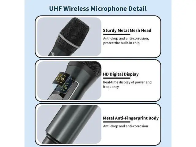 Alt view image 3 of 7 - Wireless Microphones, Professional UHF Dual Microphones for Karaoke, Wireless Dynamic Microphone System Set with Rechargeable Receiver,Plug and Play, Speech, Wedding, Church, PA System