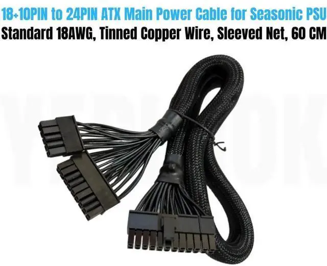 Main image of 18+10Pin to 20+4Pin ATX 24Pin Main Power Supply Cable for SEASONIC FOCUS PLUS Gold 850W, 750W, 650W, 550W GX Series Modular Power, Sleeved Net 60CM 18AWG