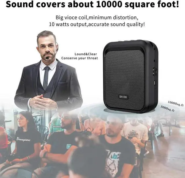 Alt view image 3 of 6 - Mini Voice Amplifier Portable Rechargeable Bluetooth Speaker with Wired Microphone Headset 10W 1800mAh PA Systerm Supports MP3 Format Audio for Teacher Taxi Driver Coaches