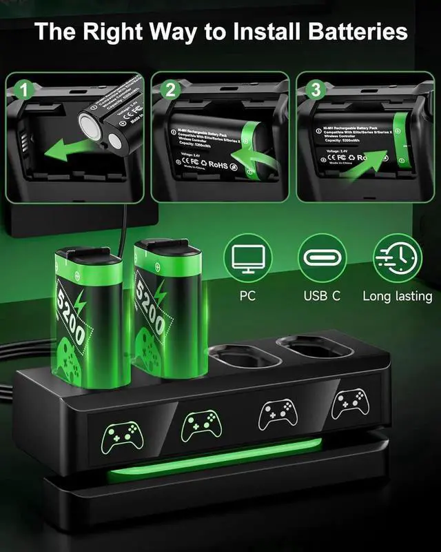 Alt view image 4 of 7 - Rechargeable Battery Pack for Xbox One / Xbox Series X|S Xbox One S / Xbox One X / Xbox One Elite with 4 x 5200mWh Batteries, Controller Battery Pack Accessories with Controller Charger